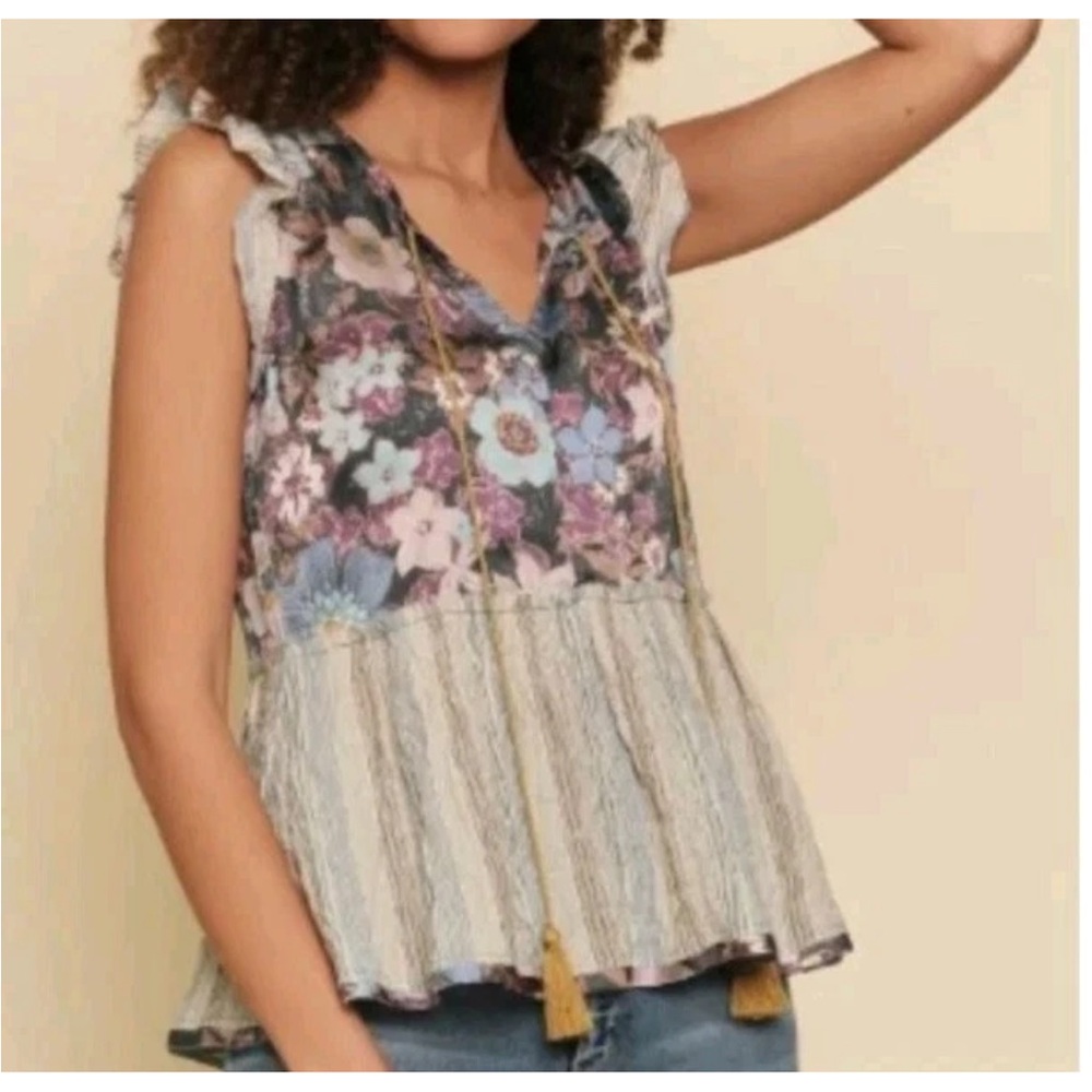 Floral Peplum Sleeveless Top - Purple Blue Floral Mystree brand